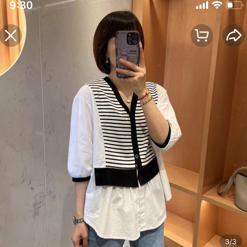 设计感条纹V领衬衫女韩系chic夏季新款洋气减龄拼接假两件衬衣潮