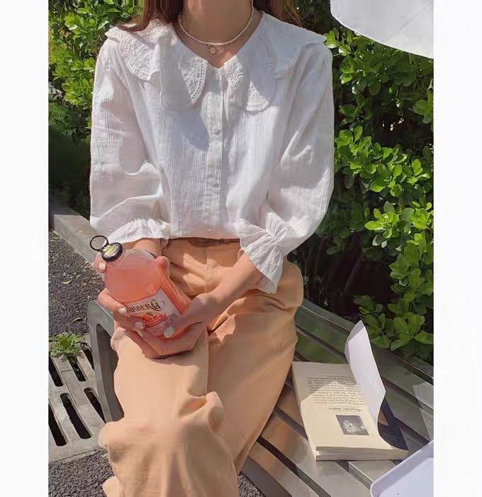 新款夏季韩版甜美娃娃领刺绣通勤衬衣女单排扣百搭显瘦上衣潮