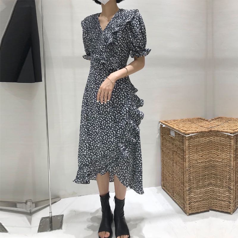 夏新修身系带中长款荷叶边裙子V领短袖碎花连衣裙女