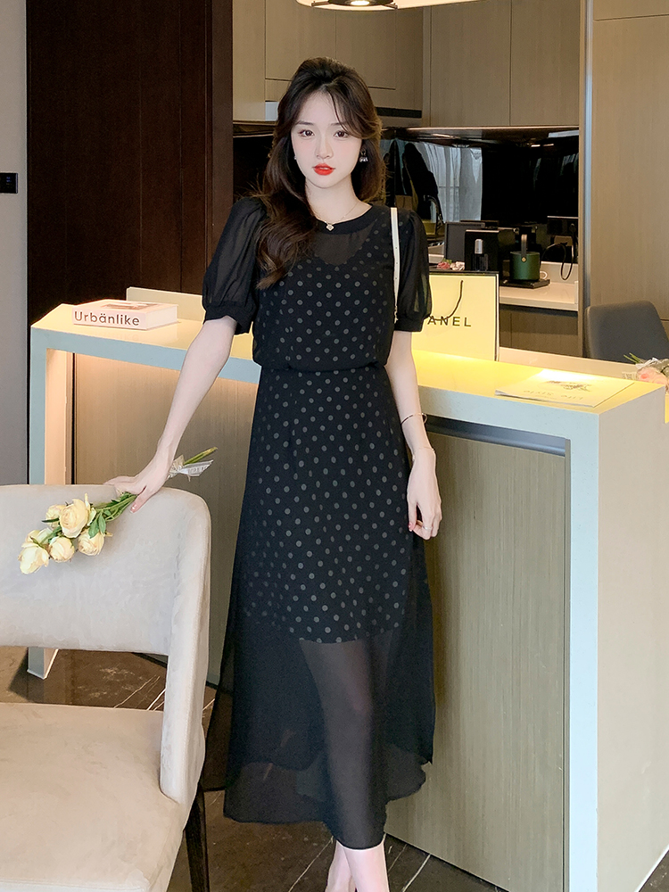 夏季新款时尚立领系带拼网纱显瘦中长款波点连衣裙长裙