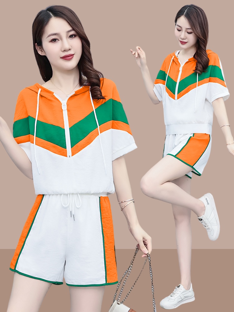 时尚运动拼色套装女夏季新款短袖短裤洋气宽松减龄休闲两件套