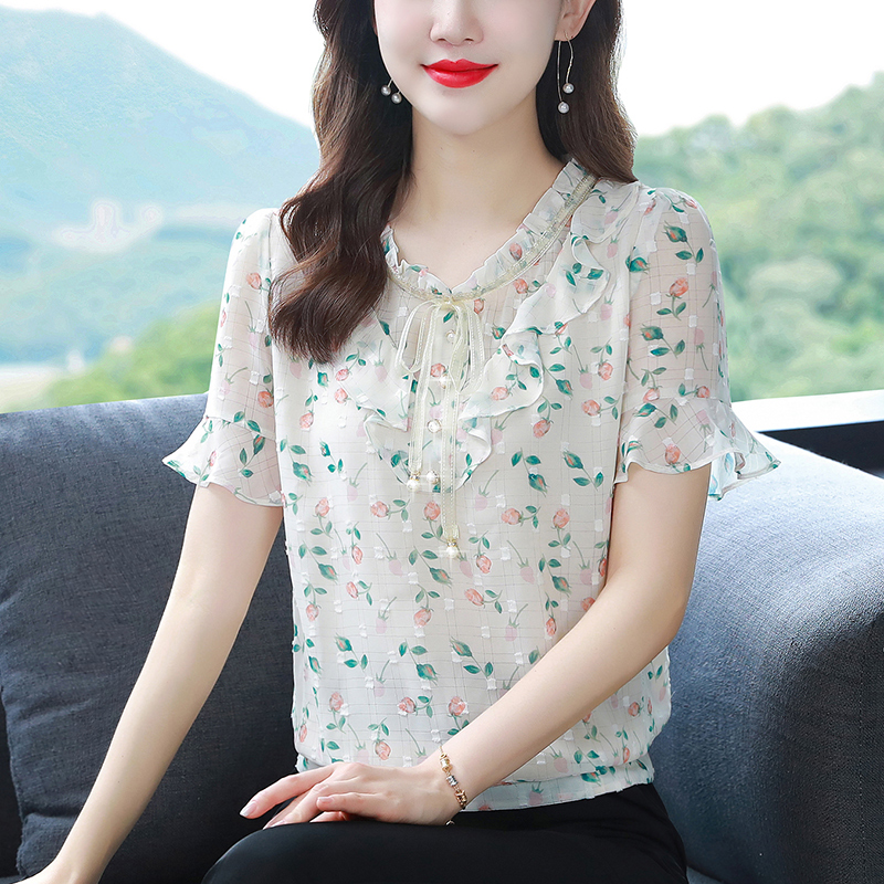 印花雪纺衬衫女短袖夏季新款时尚超仙上衣女士设计感洋气t恤
