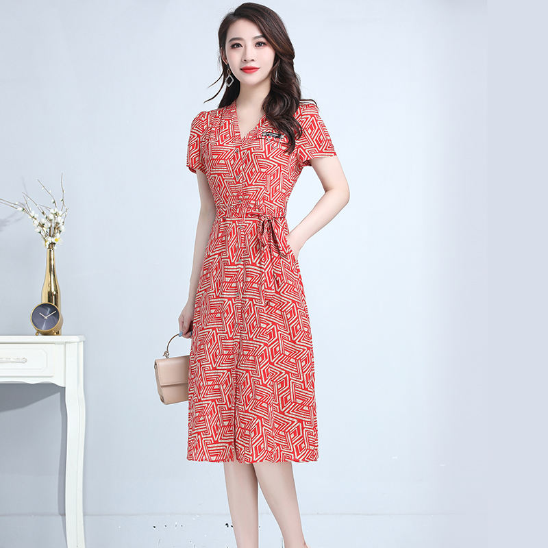 夏装时尚V领系带修身印花气质连衣裙
