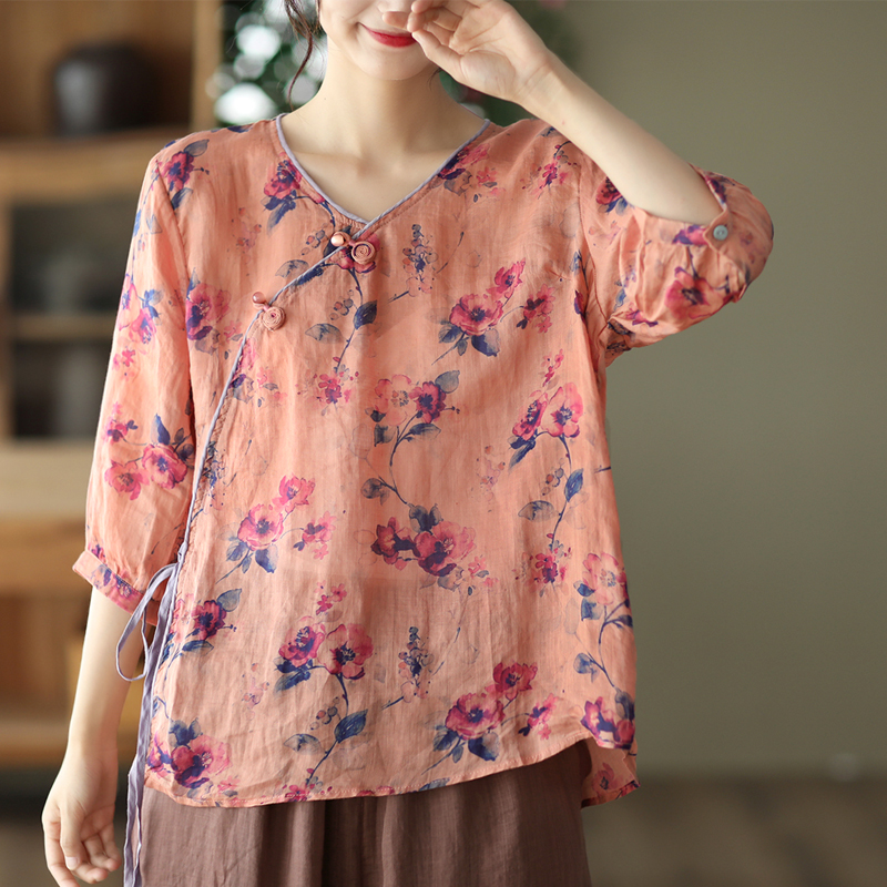 复古民国风盘扣斜襟系带衬衫女复古印花套头上衣100支细苎麻衬