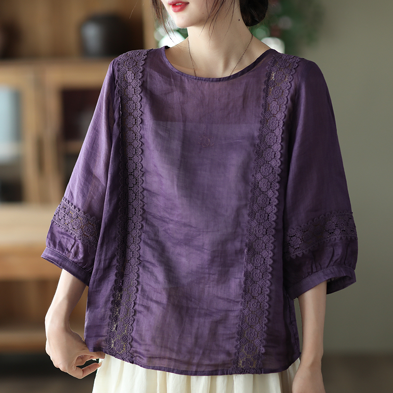 重工蕾丝拼接衬衫女士气质套头圆领衬衣细苎麻上衣