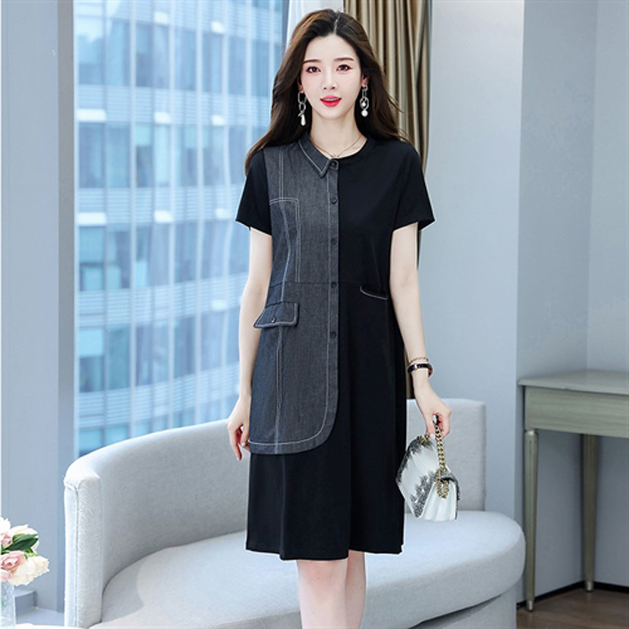 夏季大码拼接宽松纯色时尚气质中长款纽扣单排扣胖妹妹连衣裙