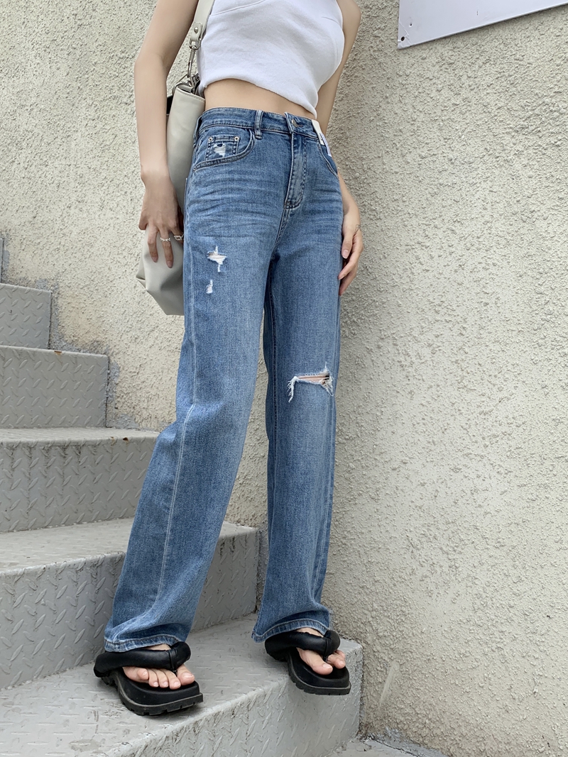 宽松直筒破洞牛仔裤女夏季新款高腰阔腿拖地裤子