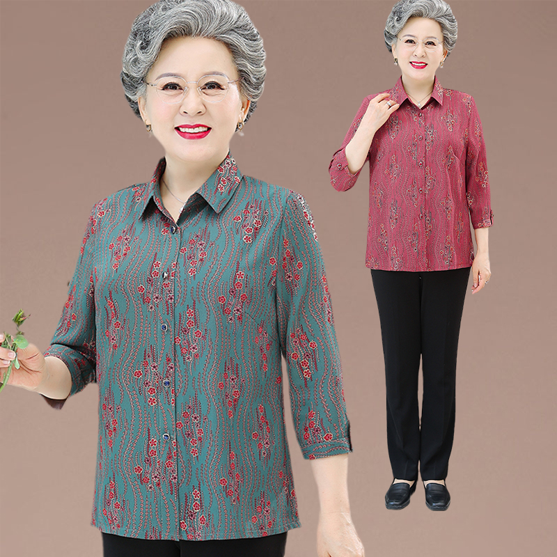 奶奶装夏装中老年人春装女七分袖衬衫宽松上衣