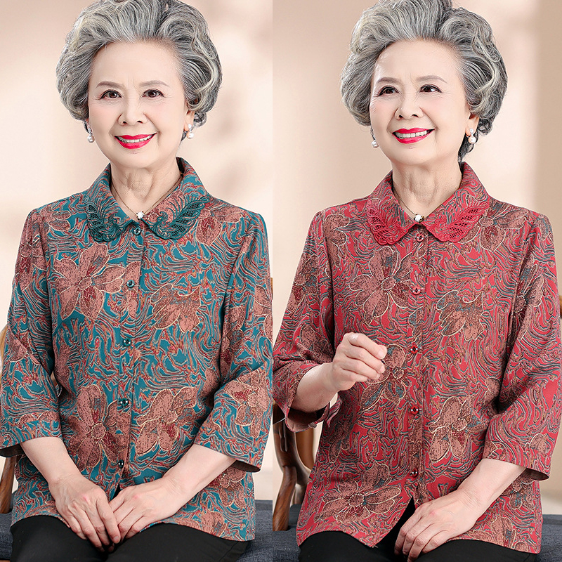 新款秋装老年人女装七分袖雪纺烫金女衬衣老人衣服