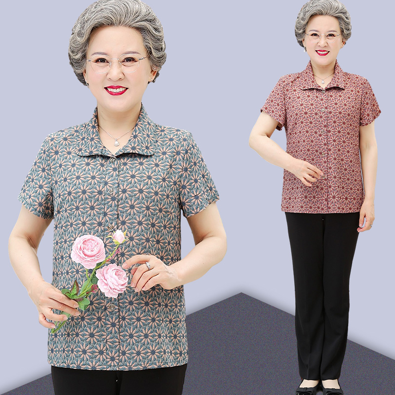 中老年人夏装女衬衫奶奶装短袖T恤老人妈妈小碎花老太太夏天
