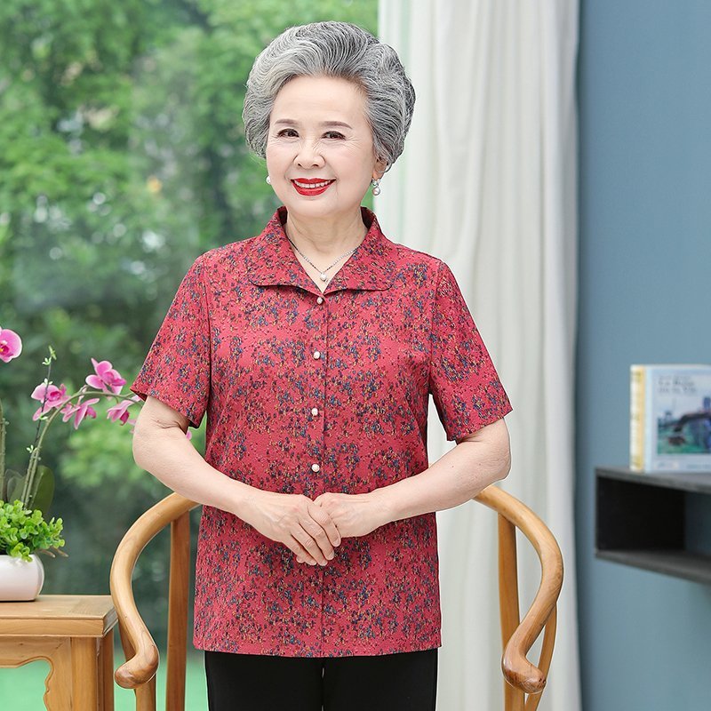 奶奶夏装纯棉衬衫全棉衣服中老年人女妈妈短袖套装上衣老太太T恤