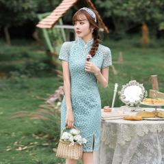 日常可穿蕾丝钉珠旗袍少女夏改良年轻款中国风前开叉连衣裙中长款