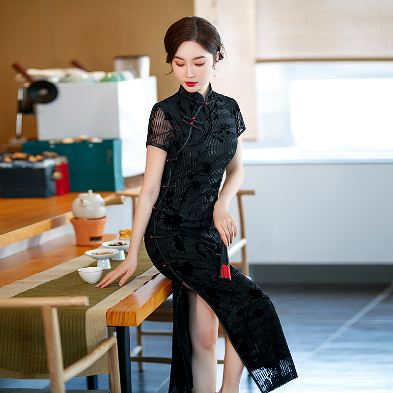 短袖改良旗袍新款气质长款高端蕾丝优雅年轻款妈妈礼服春夏