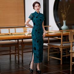 短袖改良旗袍新款气质长款高端蕾丝优雅年轻款妈妈礼服春夏
