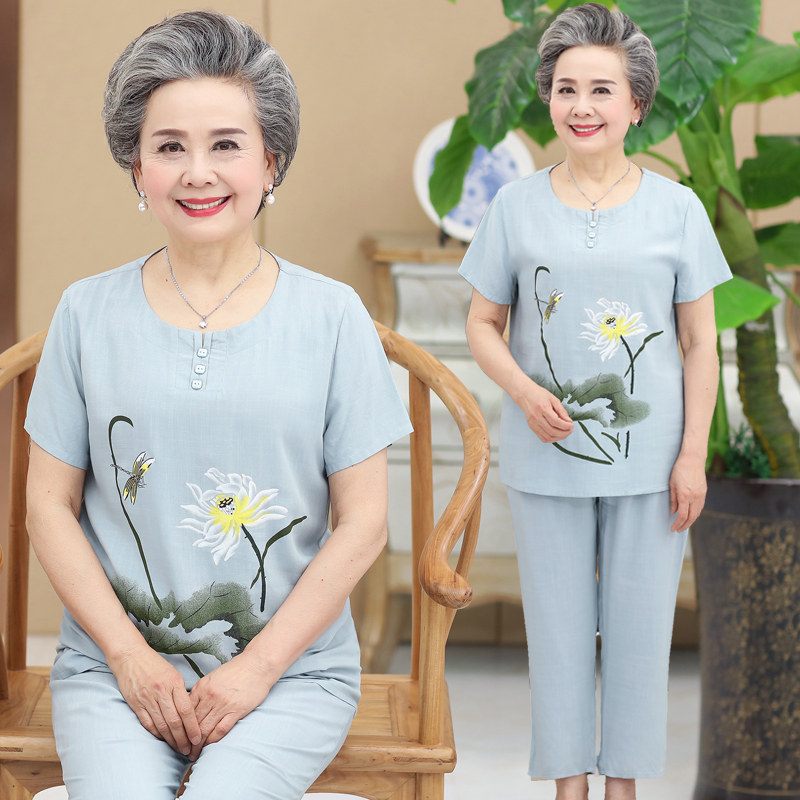 中老年人纯棉绸夏装女60-70岁妈妈老太太上衣服奶奶短袖夏季套装
