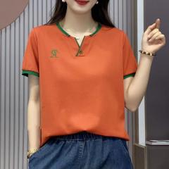 新款夏季圆领扣子字母R刺绣纯色