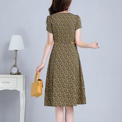 夏装时尚洋气V领系带显瘦碎花雪纺连衣裙