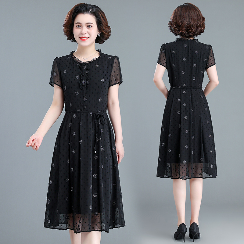 妈妈夏装连衣裙秋装中老年直筒气质短袖中年长袖阔太太雪纺裙子薄