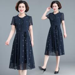 妈妈夏装连衣裙秋装中老年直筒气质短袖中年长袖阔太太雪纺裙子薄