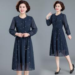 妈妈夏装连衣裙秋装中老年直筒气质短袖中年长袖阔太太雪纺裙子薄