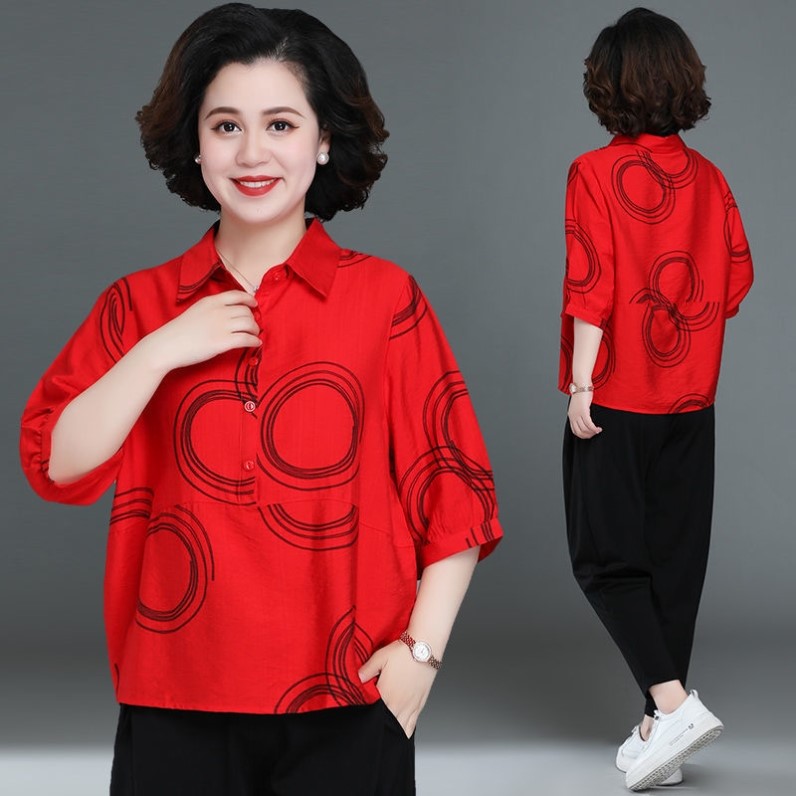 中老年宽松短袖衬衫新款中老年妈妈洋气宽松衬衫
