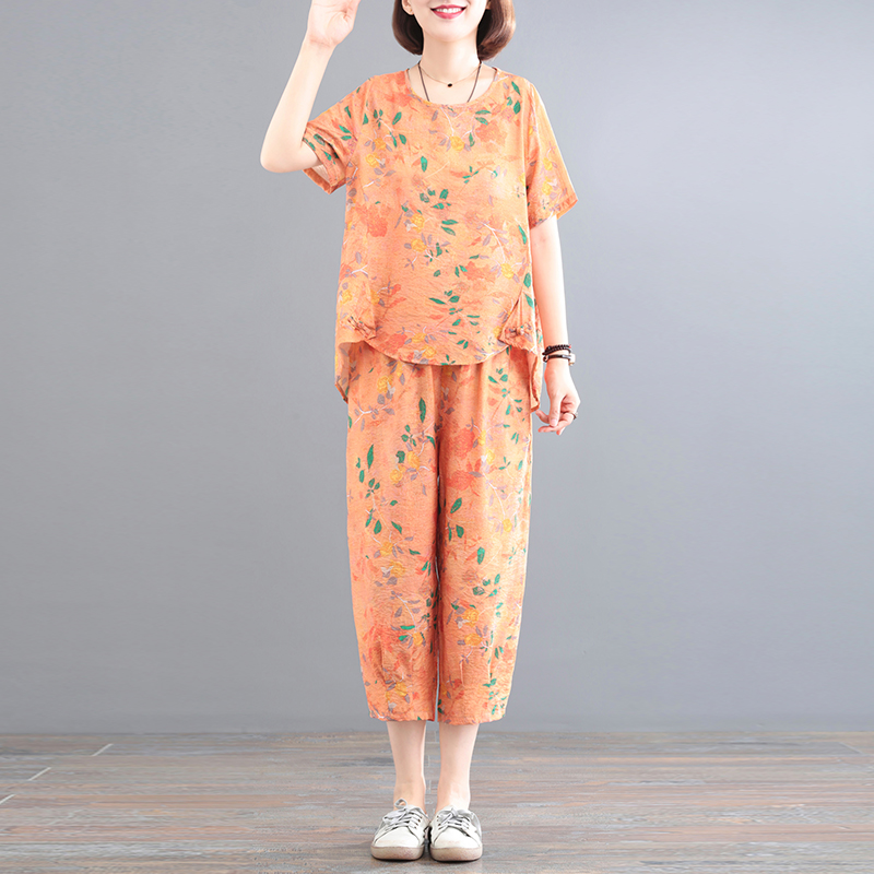 盘扣印花宽松显瘦大码女装新款夏装宽松遮肚套装