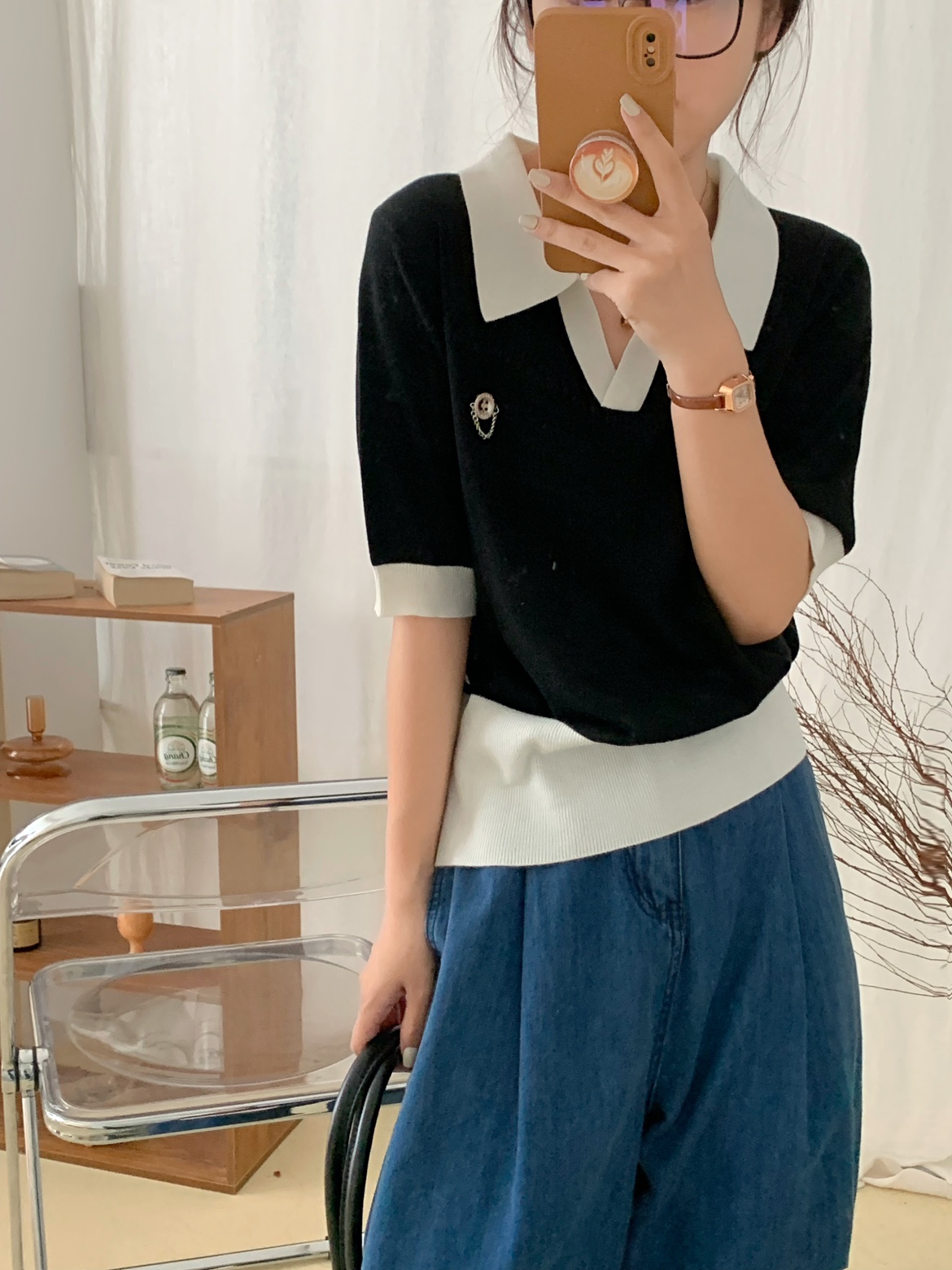 早秋新款V领polo衫撞色翻领美丽诺羊毛针织套头衫薄女