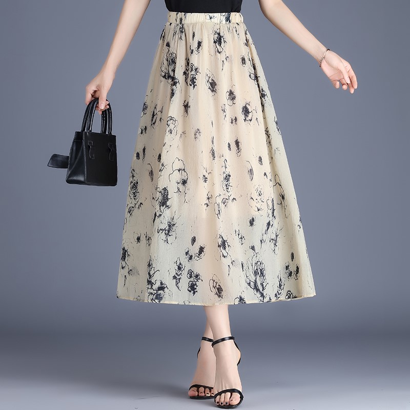 欧根纱半身裙女印花裙中长款夏季新款松紧腰气质网纱裙大摆裙