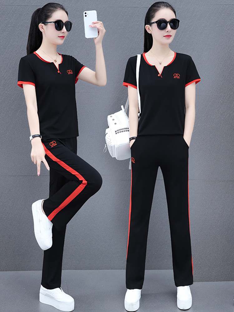 时尚运动服休闲套装女夏新款洋气减龄黑色短袖薄款两件套跑步