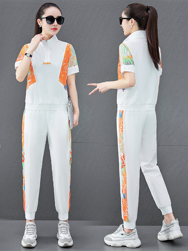 冰丝运动服休闲套装女夏新款宽松时尚立领短袖两件套薄穿搭