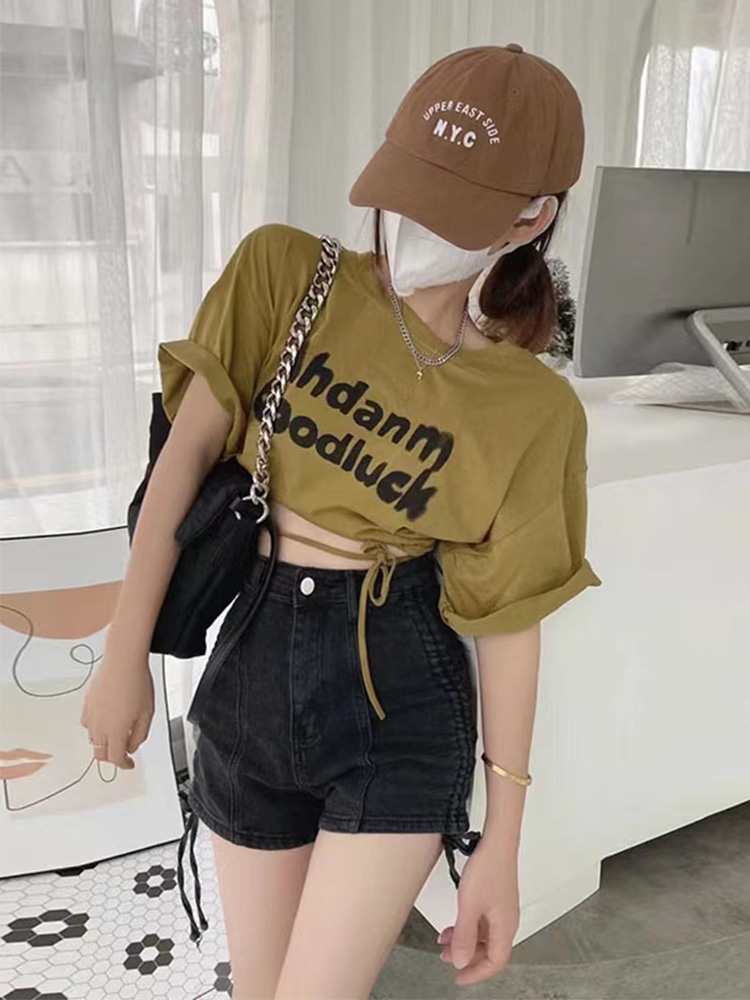 性感露背短款T恤女夏季新款韩版字母印花短袖设计感抽绳上衣