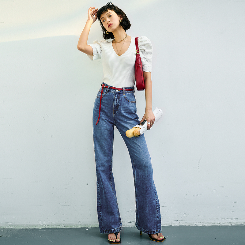 显高显瘦 小众设计夏季侧开衩微喇高腰直筒牛仔裤女