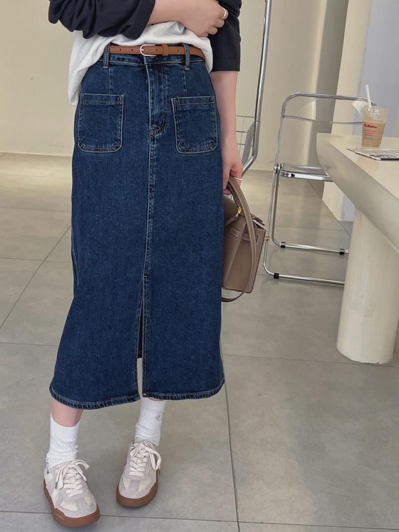 新款双口袋高腰开叉中长款直筒显瘦包臀裙潮