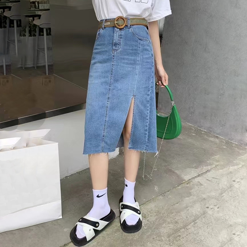 欧洲站时尚牛仔裙高腰开叉包臀显瘦半身中长裙