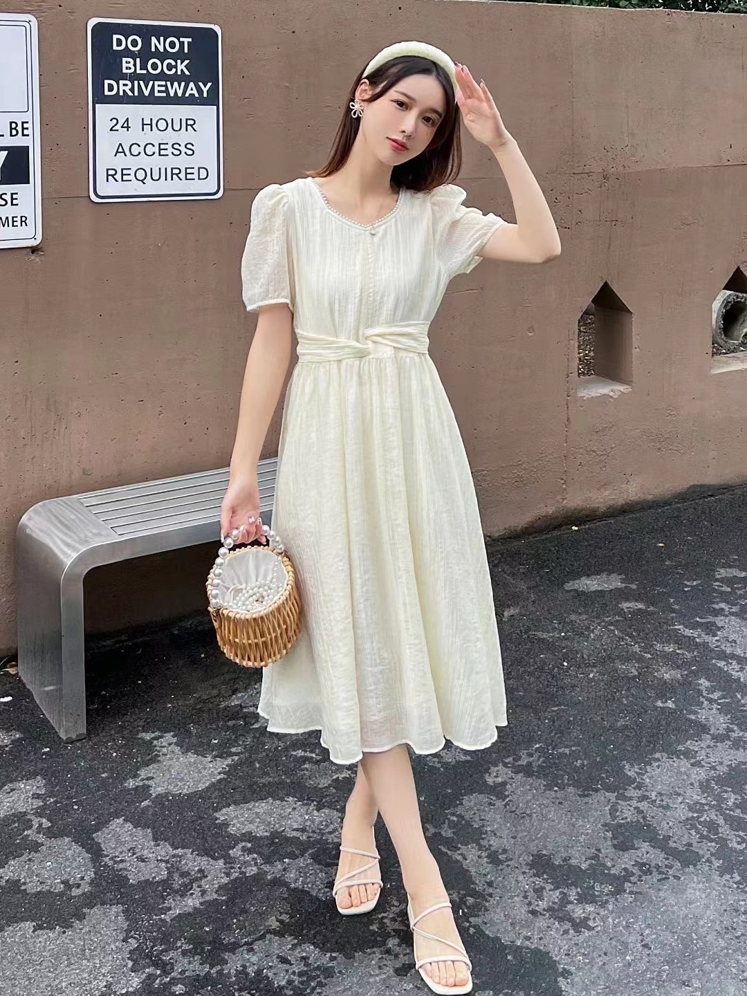 夏新款时尚褶皱收腰系带中长裙子