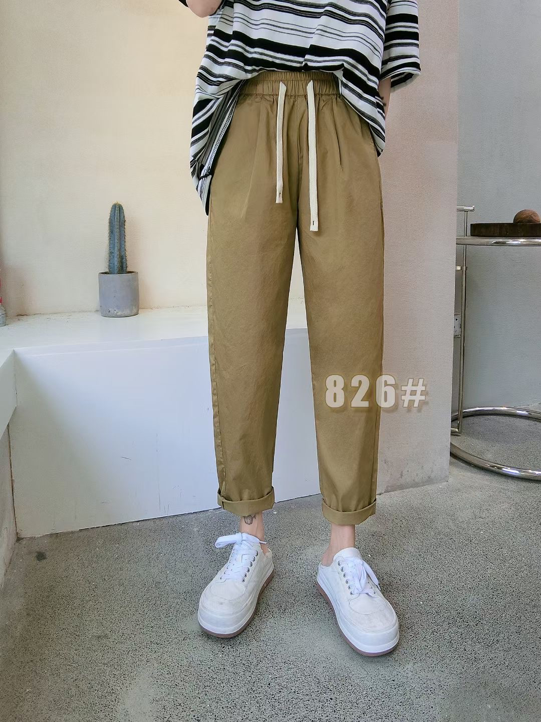 夏季新款韩版百搭高腰显瘦抽绳宽松百搭直筒休闲九分裤