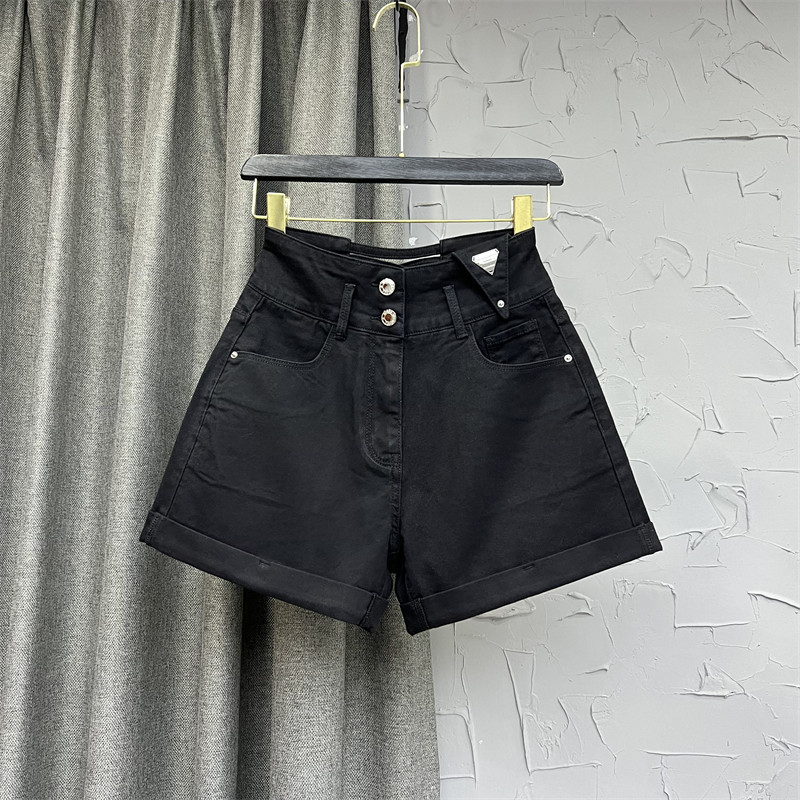 欧货白色牛仔短裤女高腰两粒扣三角形带标