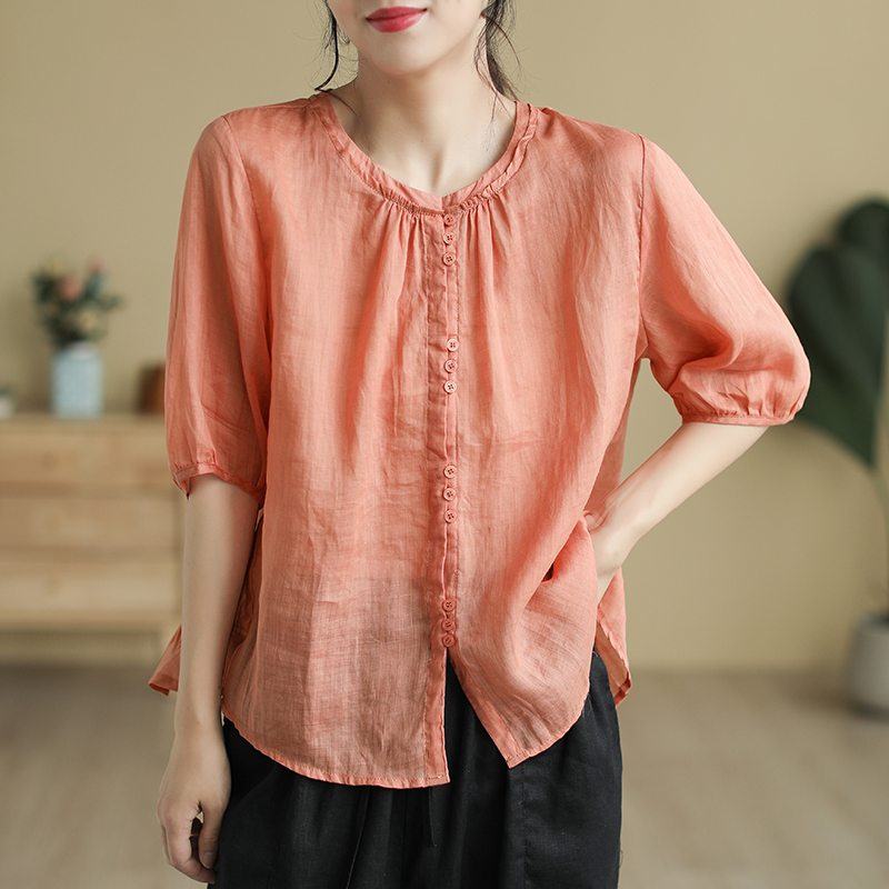 复古100支细苎麻衬衫女夏季宽松显瘦纯色休闲气质上衣