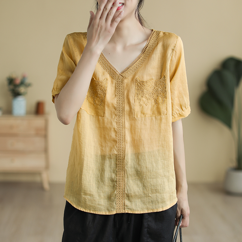 镂空拼接100支细苎麻短袖衬衫女文艺复古刺绣V领上衣