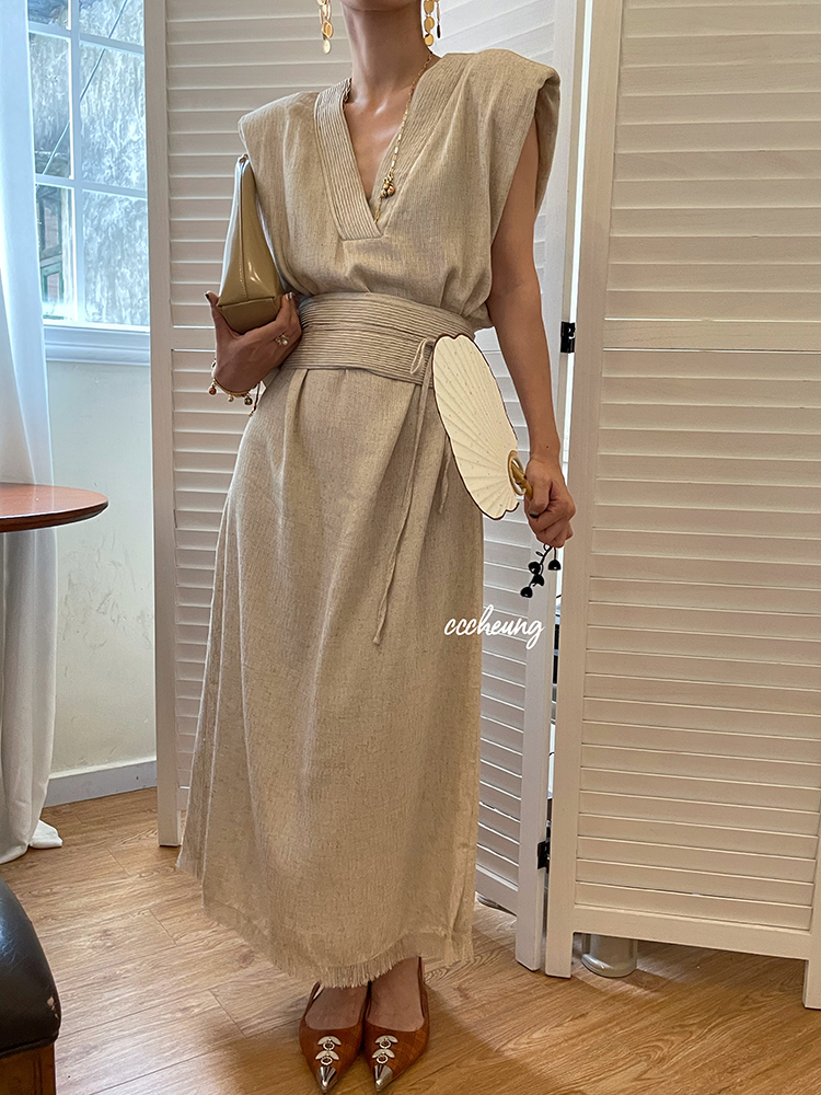 高贵气质感原创高端亚麻流苏边风琴褶连衣裙