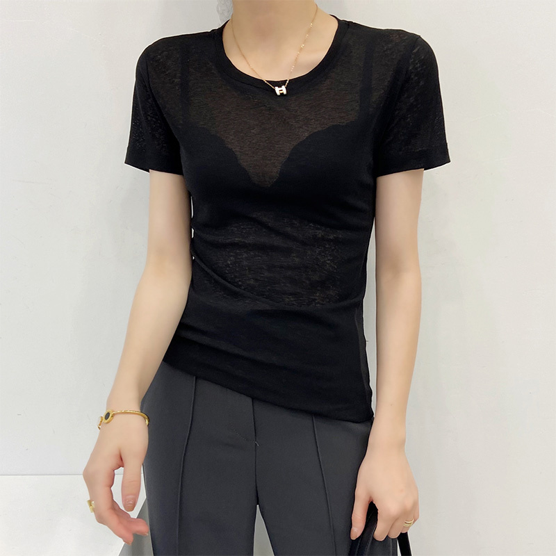 黑色面膜短袖t恤女士夏季新款修身显瘦薄款微透半袖体恤上衣