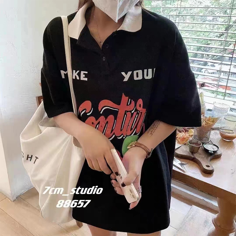 polo领字母印花中长款短袖上衣女夏宽松T恤裙
