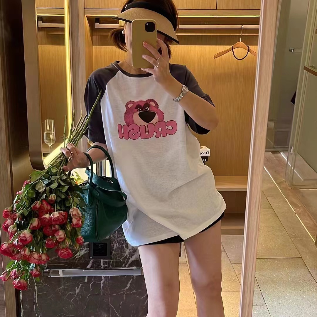 夏新款卡通熊拼接撞色插肩短袖宽松大版圆领T恤竹节棉女