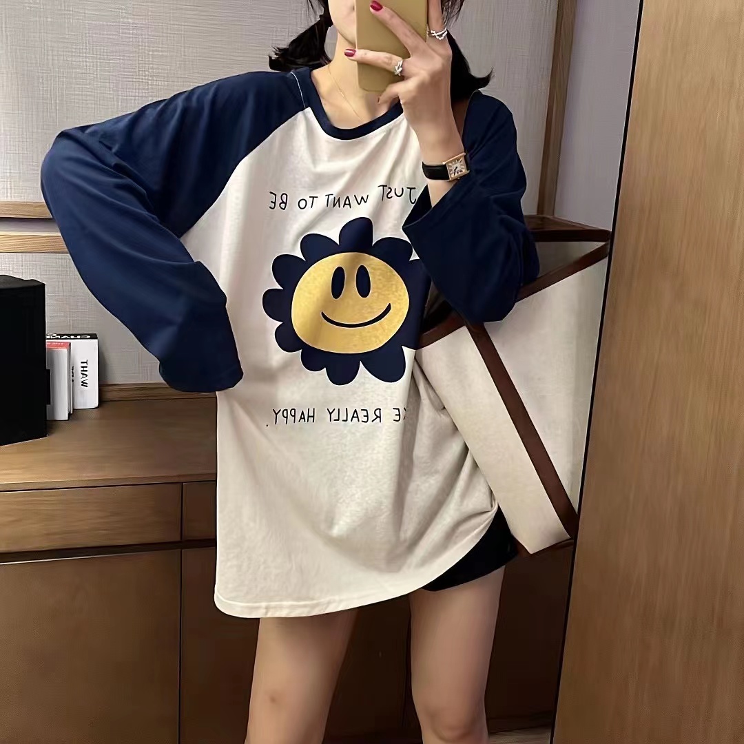 新款韩版chic字母笑脸图案拼色休闲长袖T恤女上衣