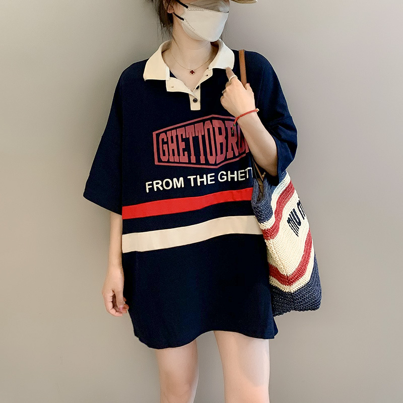 POLO领连衣裙女夏季新款学院风宽松字母撞色短袖T恤裙子