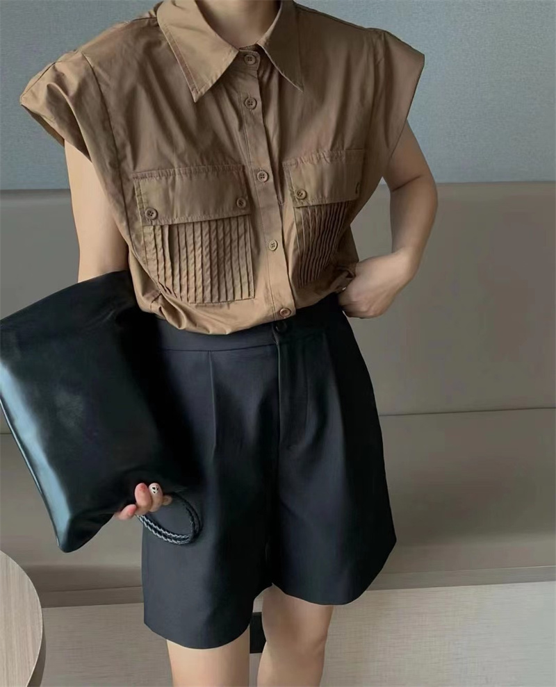 简约小众Polo领垫肩飞飞袖薄款衬衫女设计感褶皱口袋洋气上衣