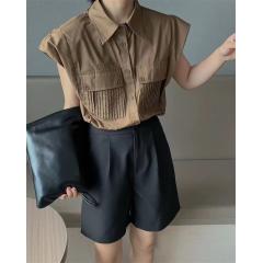 简约小众Polo领垫肩飞飞袖薄款衬衫女设计感褶皱口袋洋气上衣