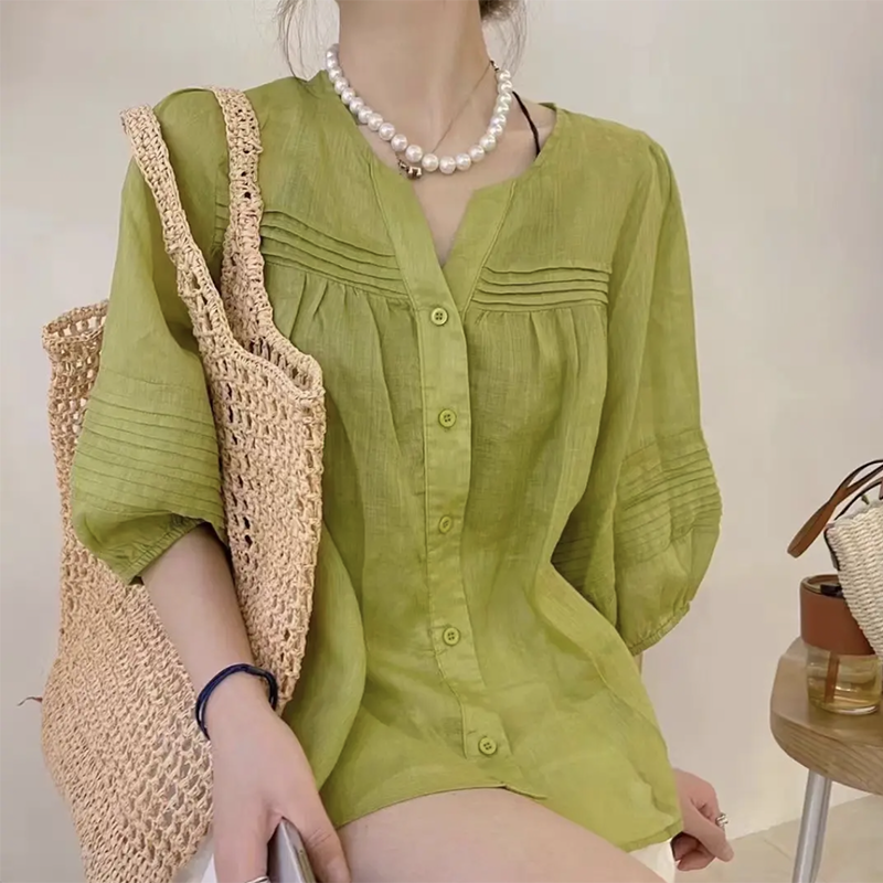 V领蕾丝边灯笼袖天丝衬衫女夏季新款欧货宽松复古小衫上衣