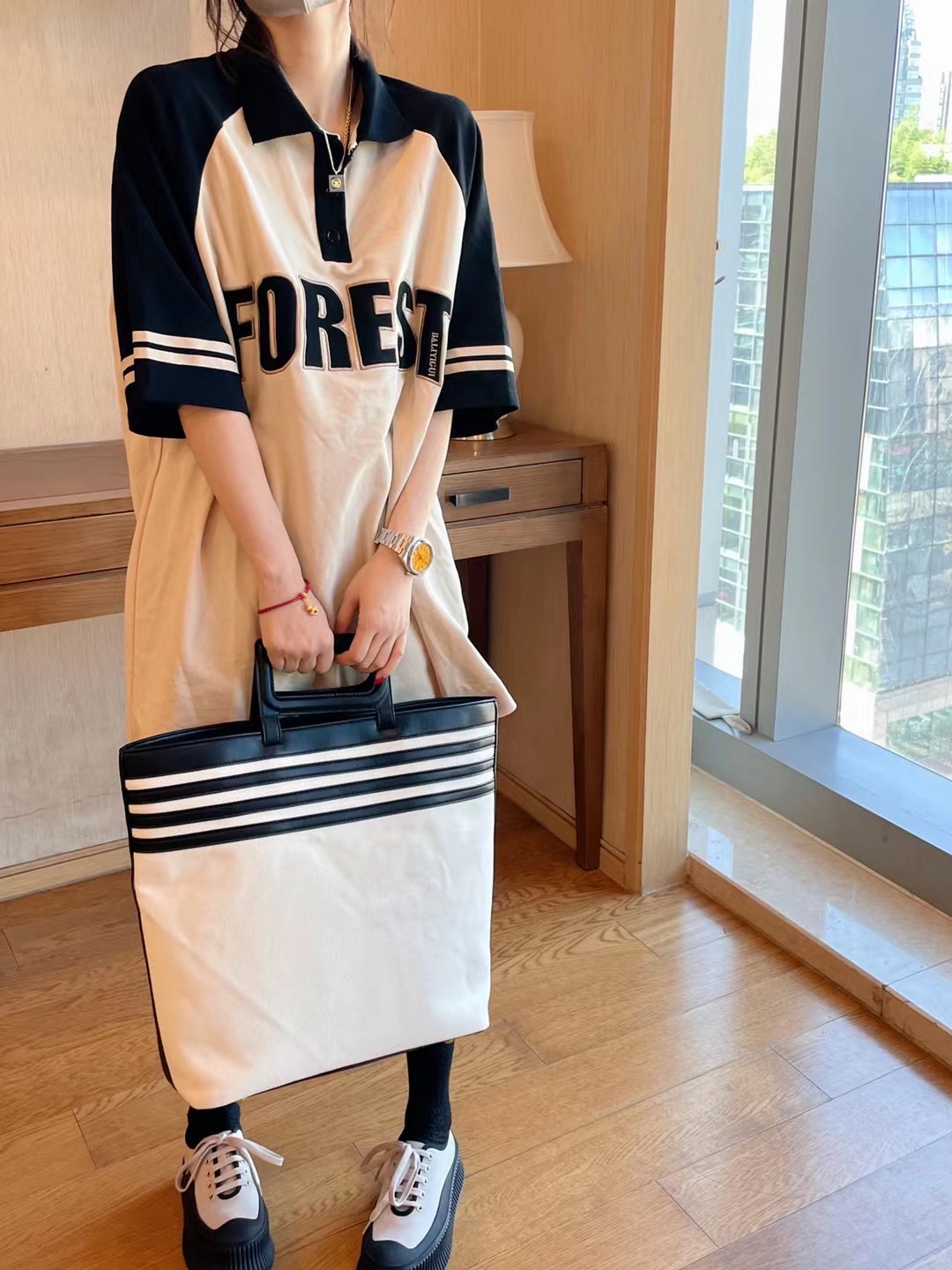 字母polo领短袖T恤女夏季欧洲站宽松大版中长款宽松遮肉上衣