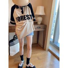 字母polo领短袖T恤女夏季欧洲站宽松大版中长款宽松遮肉上衣